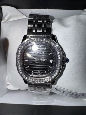 Invicta Silver Watch with Black Dial and Crystal Bezel